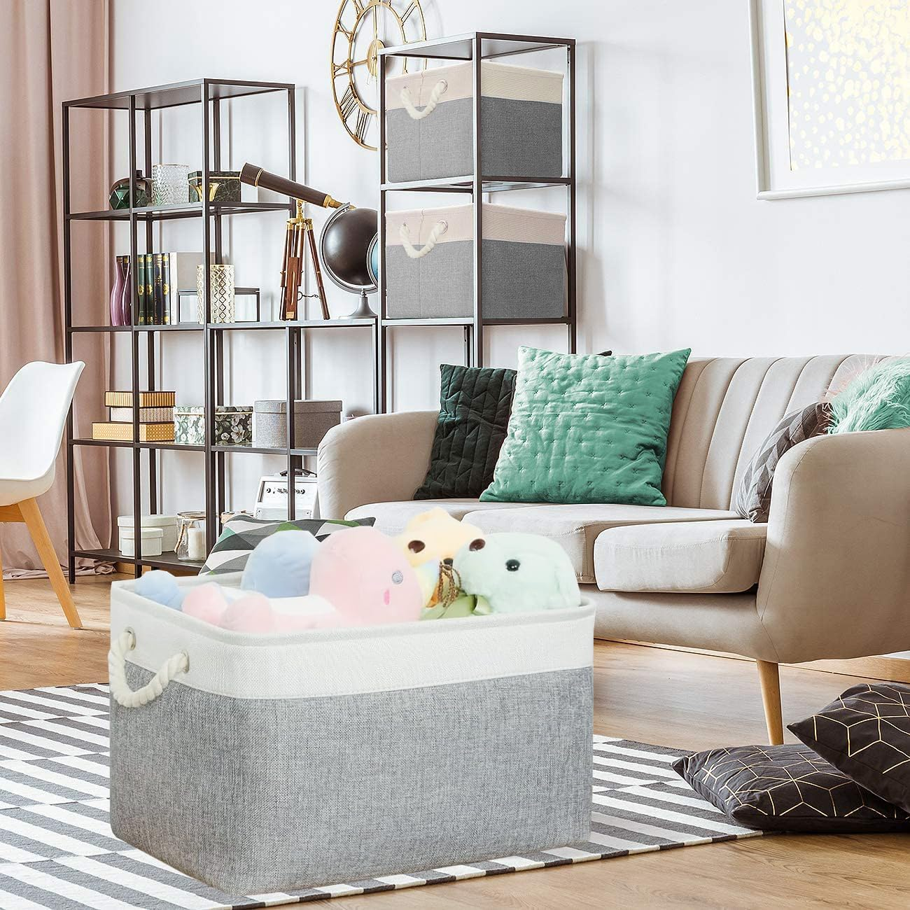 6-Pack Collapsible Fabric Storage Baskets, 38X28X24Cm Rectangular Organizer Bins for Shelves, Closets, Nursery, Home, Office, and Gift Storage, White & Grey