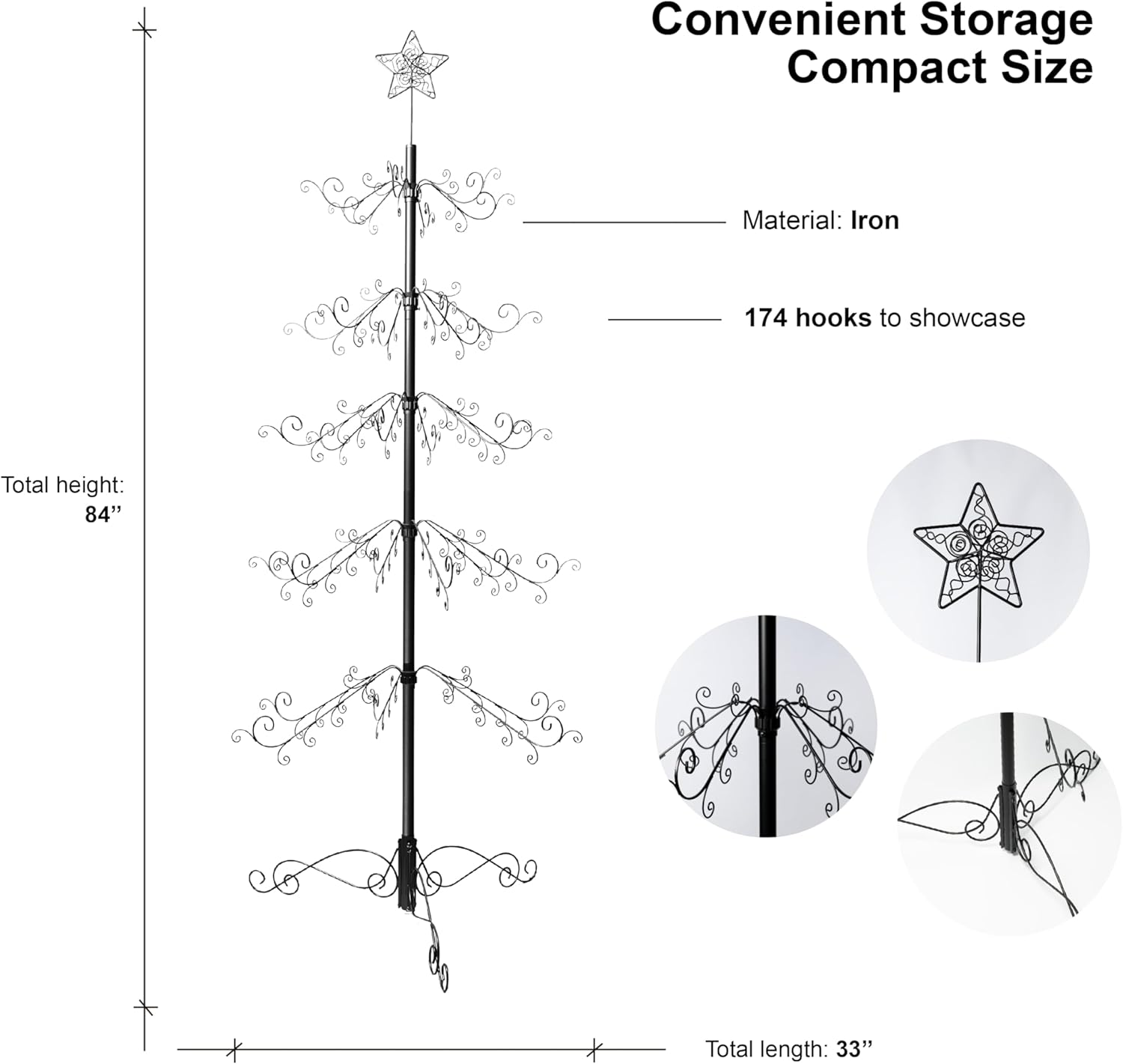 HOHIYA 84&Prime; Wrought Iron Ornament Display Stand Metal Christmas Tree Alternative with 174 Hooks for Baubles Crystal Decorations and Holiday Decor Indoor Hanging Stand for Xmas Halloween and Events Black image number 2