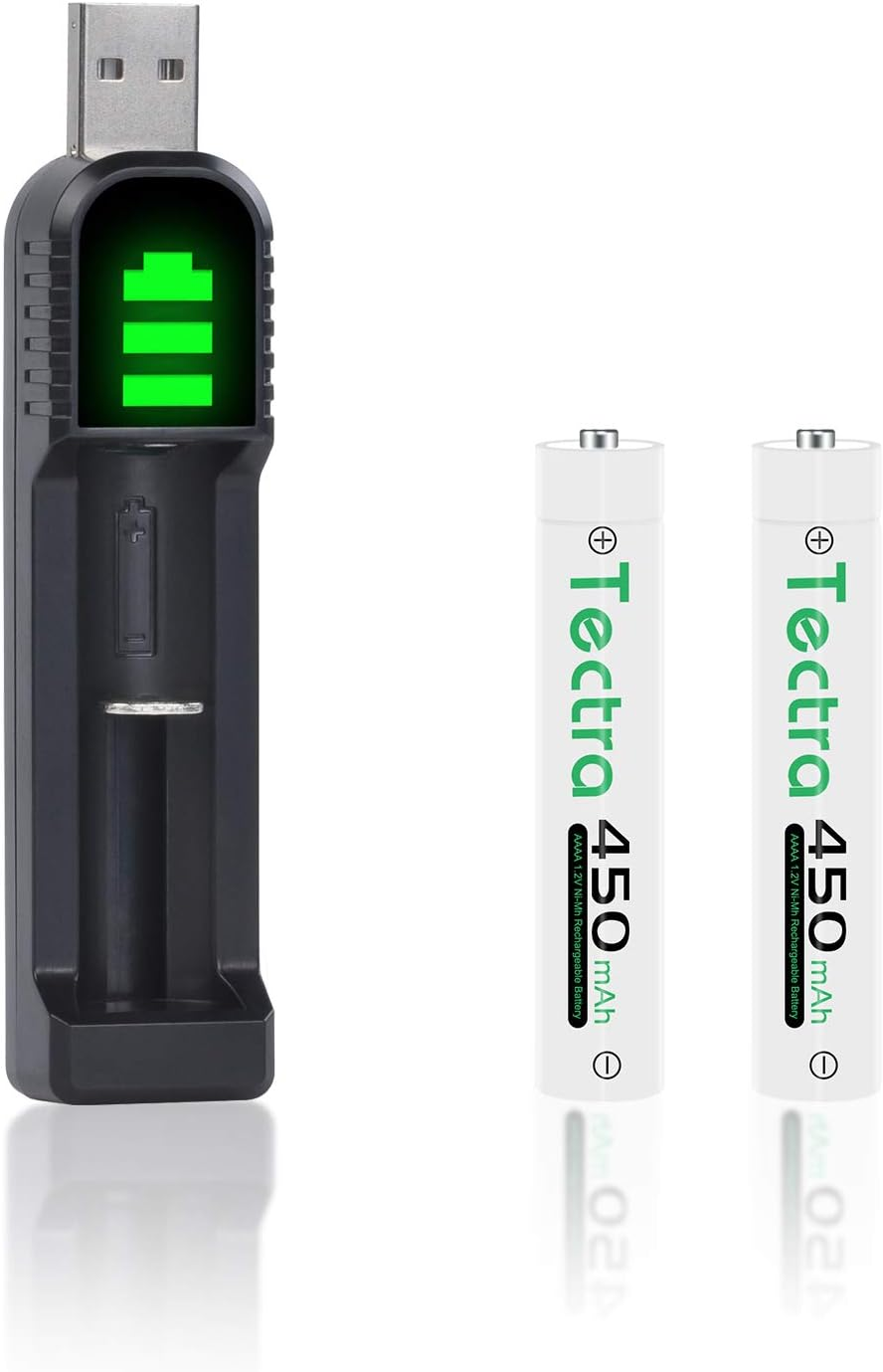 Tectra 2X AAAA Batteries, Ni-Mh AAAA Rechargeable Battery + LED USB Charger for Surface Pen, Active Stylus, LED Candle, Flashlight, Portable CD, MP3 Players, Digital Camera and More image number 1