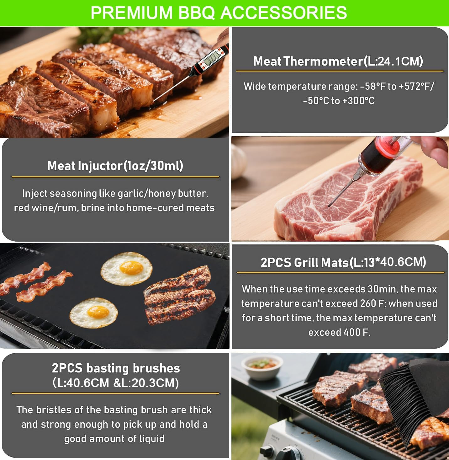 34Pcs Grill Accessories BBQ Grill Tools Set, Heavy Duty Thicker Stainless Steel Grill Tool with Thermometer, Long Handles, Carry Case; Gift Grill Mats for Backyard, Camping; Barbecue Set for Men Women image number 2