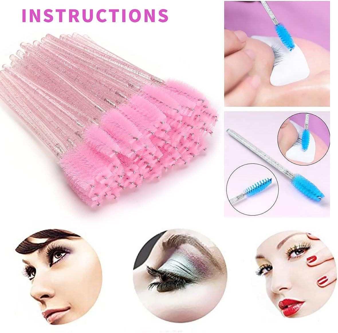 50 PCS Disposable Eyelash Brushes Mascara Wands Eye Lash Eyebrow Applicator Cosmetic Makeup Brush Tool Kits (Crystal Pink) - Black-Rose image number 3