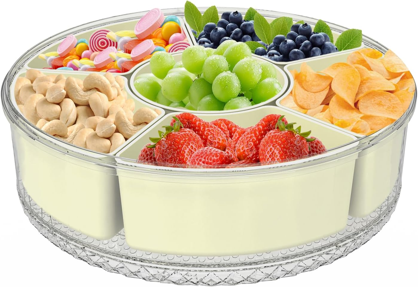 Giecy Snack Box with Airtight Lid & Handle - Divided Serving Tray Rotatable Snack Container for Home Kitchen Outdoor Travel Foods, Fruits, Candies, Nuts, Spices - 6 Compartments