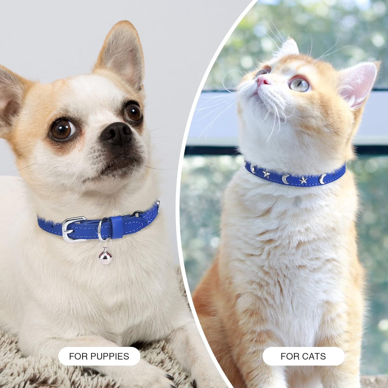 DILLYBUD Leather Cat Collars for Boy Girl Cats with Bell and Safety Elastic Belt, Personalized Star Moon Stud Adjustable Safe Buckle Collar Kitty Small Big Size 8-12 Inch, Blue (DIL-6119600_BLU)