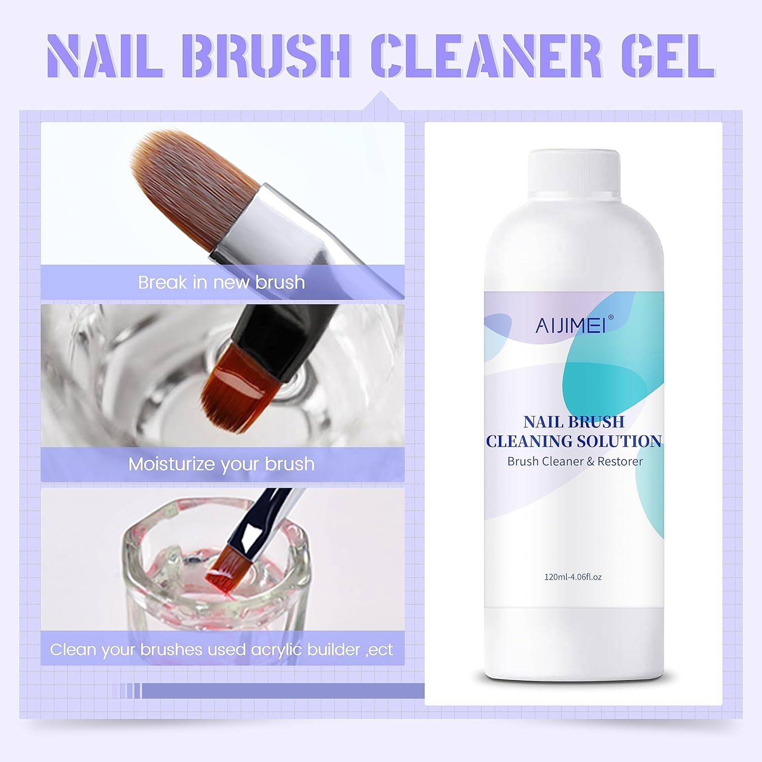 Aijimei Nail Brush Cleaner Restorer Solution Acrylic Nail Brush Cleaner Quickly Clean for Acrylic Nail Brushes, Glitter Gel Nail Polish Brushes, Builder Hard Gel Brush (120ML-4.2FL.OZ) image number 5