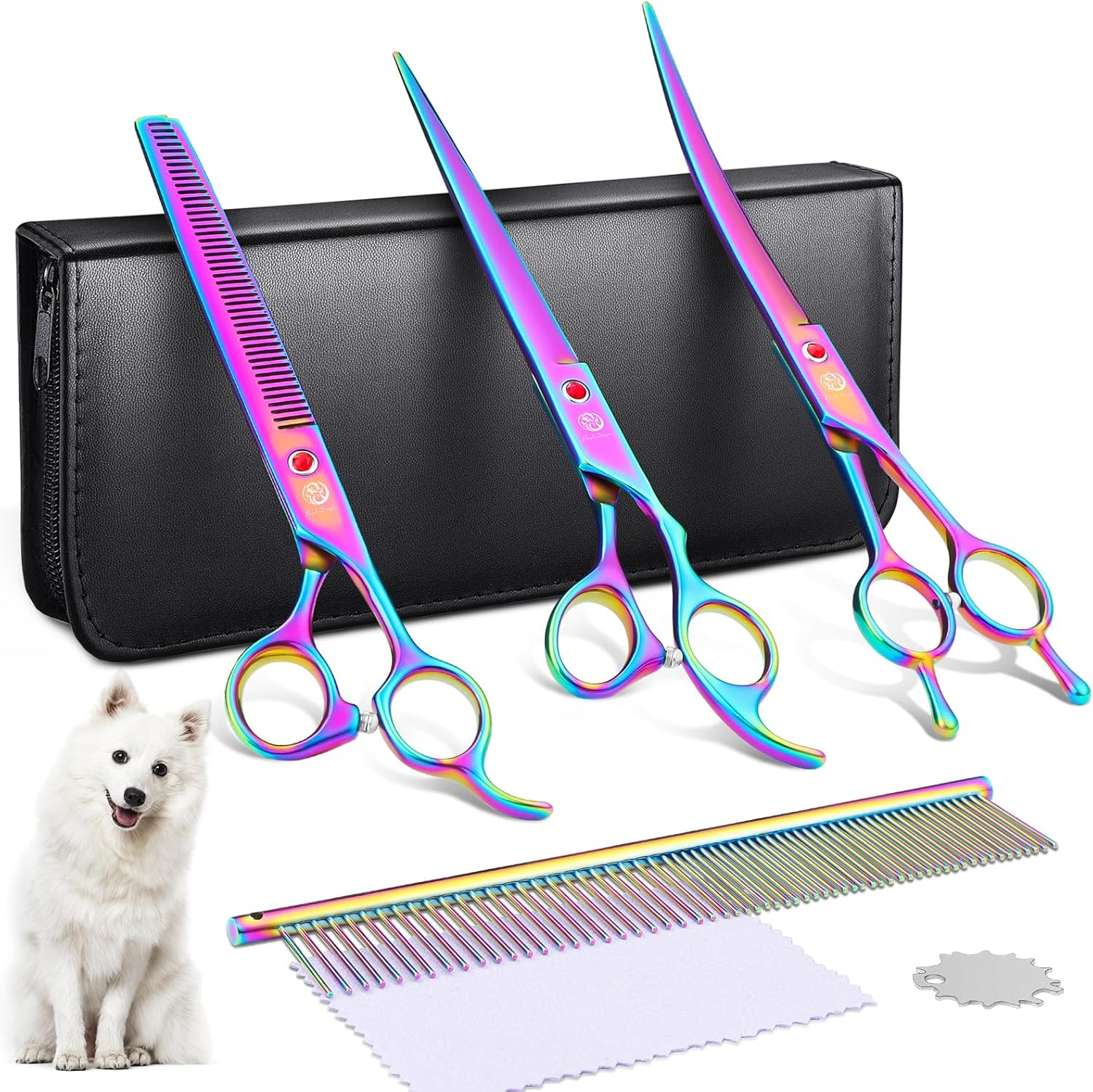 Purple Dragon 8 Inch Dog Scissors Set Professional 3-In-1 Fur Scissors Set for Dogs Colourful Dog Scissors Set Straight, Serrated and Curved Scissors Are Included for Dogs for Cats and Other Animals image number 3