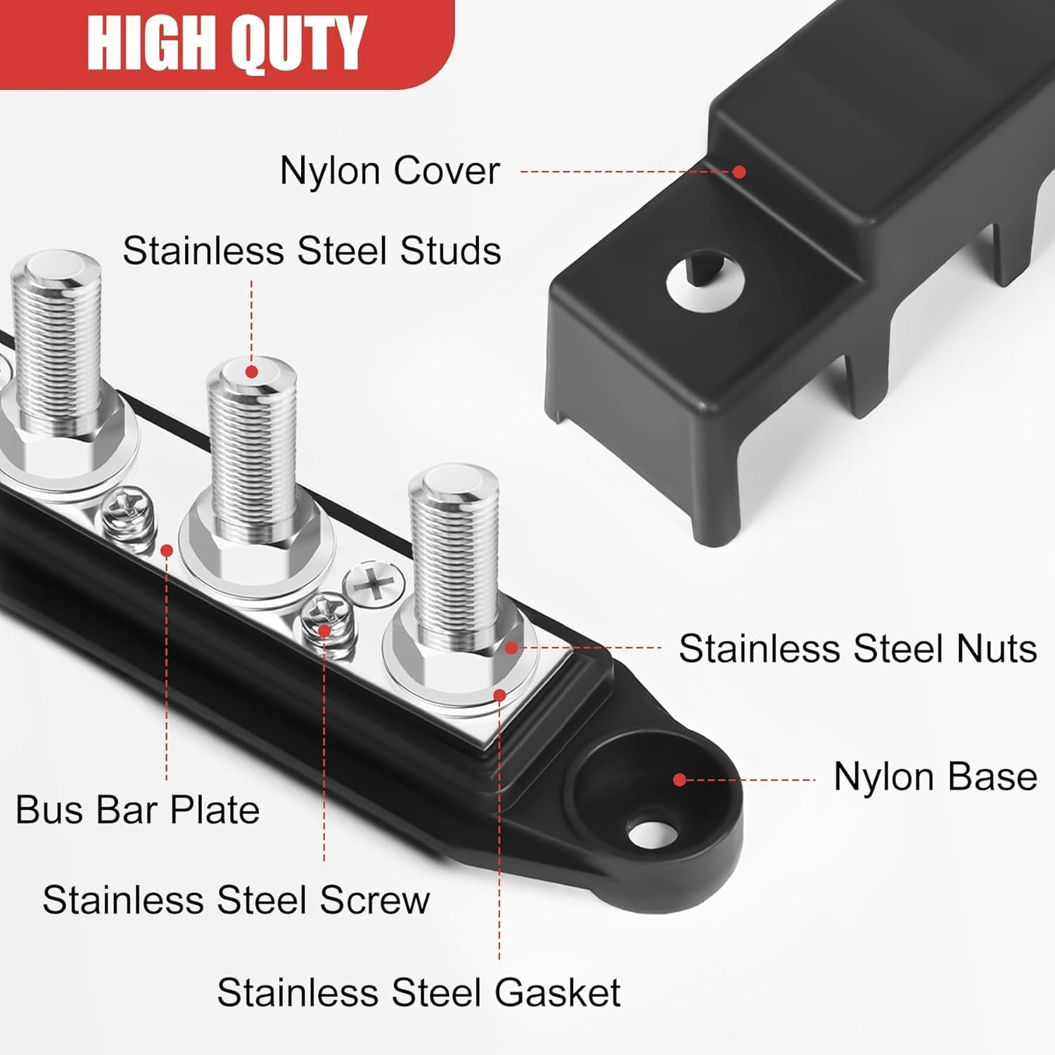 Bus Bar 12V Power Distribution Block 250A Bus Bar with 4 X 5/16" (8M) Studs Marine Battery Busbars Terminal Ground Distribution Block with Cover for Automotive, Boat, Car, Solar Wiring (Pair) image number 6