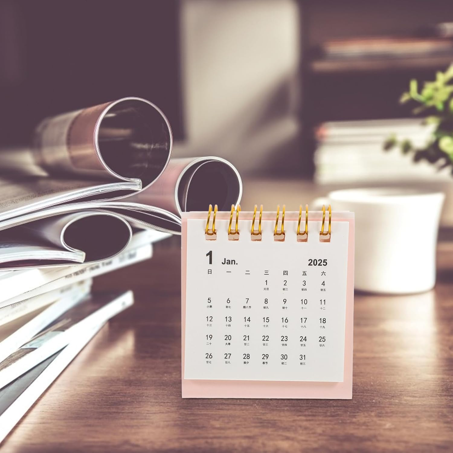 SHINEOFI Mini Desk Calendar 2025, Small Desktop Calendar Mini Daily Schedule Paper Flip Calendar Twin-Wire Binding for Home Office School Pink - Black image number 7