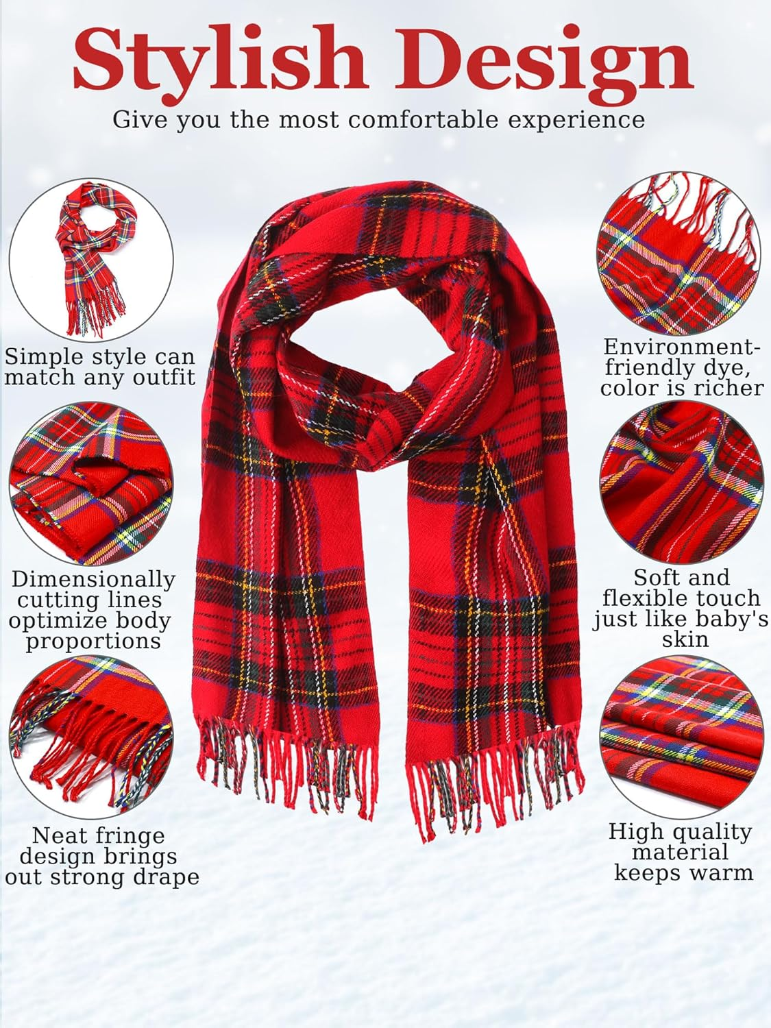 8 Pcs Christmas Checked Scarf Long Winter Soft Scarf Warm Scottish Tartan Plaid Bulk Classic Buffalo Plaid Shawls Wraps for Women Men Gift image number 4