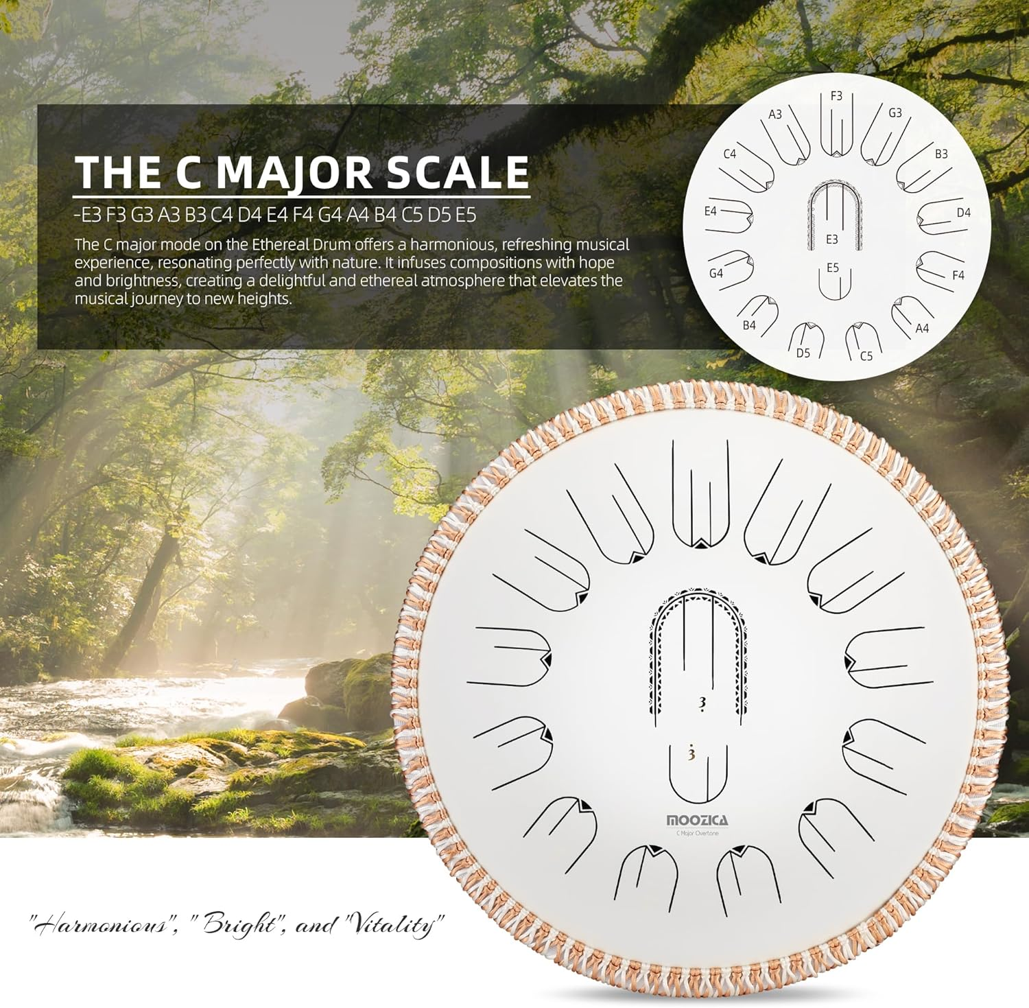 MOOZICA 15 Inch Steel Handpan Tongue Drum - 15 Notes in C Major 432Hz Tongue Drum with Octave Overtone Design - Professional Percussion Tongue Drum Instrument with Carry Bag White - Black image number 4