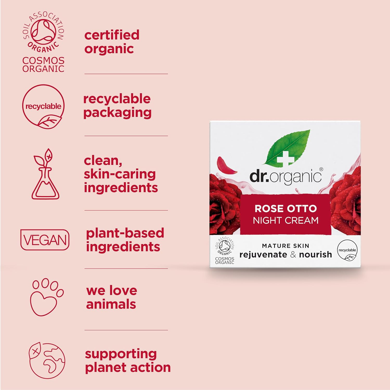 Dr Organic Rose Otto Night Cream, Moisturising, Healthy-Aging, Wrinkles, Natural, Vegan, Cruelty-Free, Paraben & Sls-Free, Recycled & Recyclable, Certified Organic, 50Ml, Packaging May Vary image number 1
