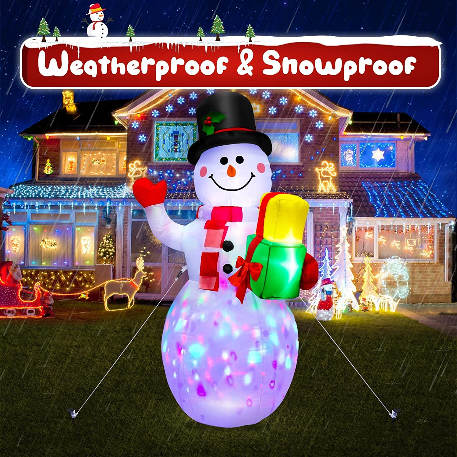 Christmas Inflatables Snowman Outdoor Decoration 5Ft Blow up Snowman Christmas Decor Garden Yard Inflatables Prop with Colorful LED Rotating Lights and Tethers, for Outdoor, Lawn, Xmas Kids Gifts image number 5