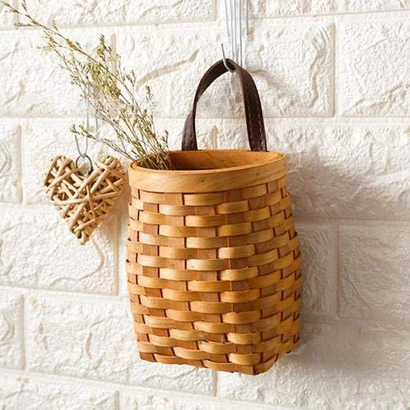 Hanging Wicker Basket Hand-Woven Wood Storage Basket Portable Wall Hanging Flower Basket Organizer Fruit Vegetable Rattan Box Home Decoration Height 6.1In image number 2