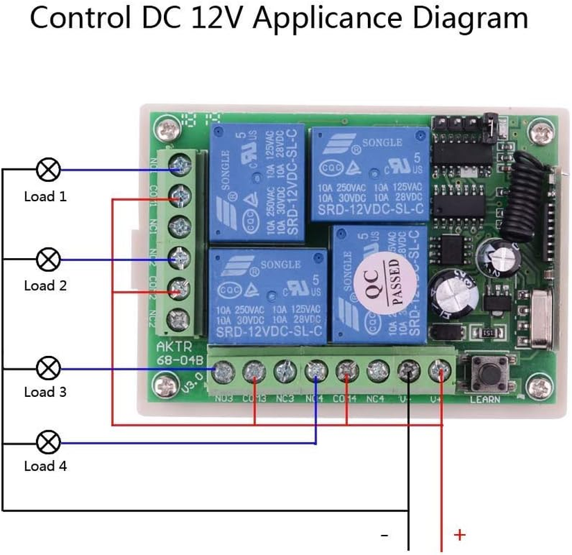 DC 12V 10A Relay Remote Control Switch, 433Mhz 4 CH Universal Remote Control Momentary Wireless Switch for Wireless Control and More image number 5