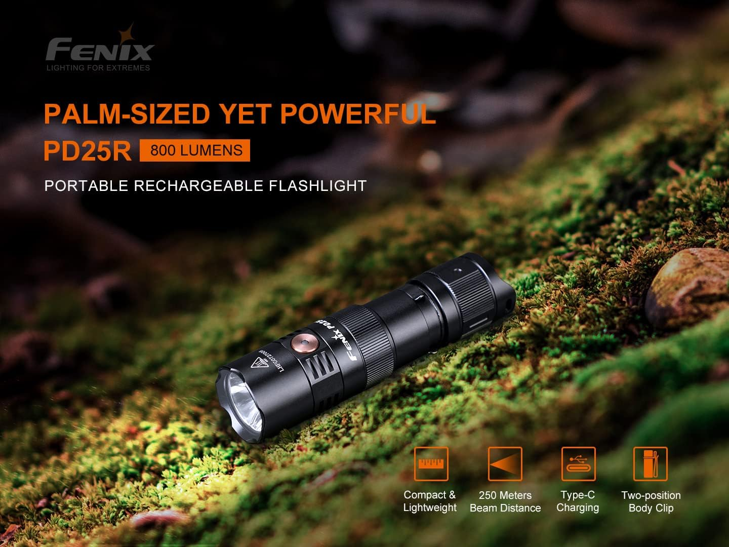 Fenix PD25R Black, Rechargeable Mini Multi-Purpose LED Torch | 800 Lumens | 250M | 70 Hrs Max | 700 Mah | USB-C | Two-Position Body Clip | IP68 image number 2