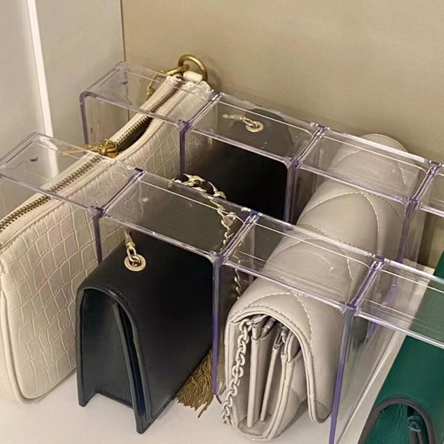 Omabeta 1PCS 4 Layer Bag Organizer Separators, Clear Stackable Handbag Organiser, Easy to Select for Closet Bookshelf Bedroom, Purse Shelf Dividers Storage Rack,32 * 14.5 * 13Cm image number 2