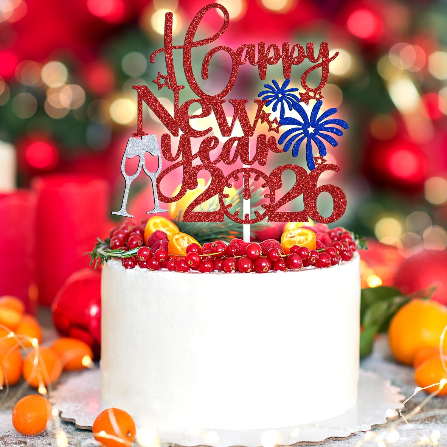 Happy New Year 2025 Cake Topper, Welcome 2025 Goodbye 2024, New Year Eve/Happy Hoilday/Merry Christmas Party Decorations Supplies, Photo Props, Red and Blue Glitter image number 1