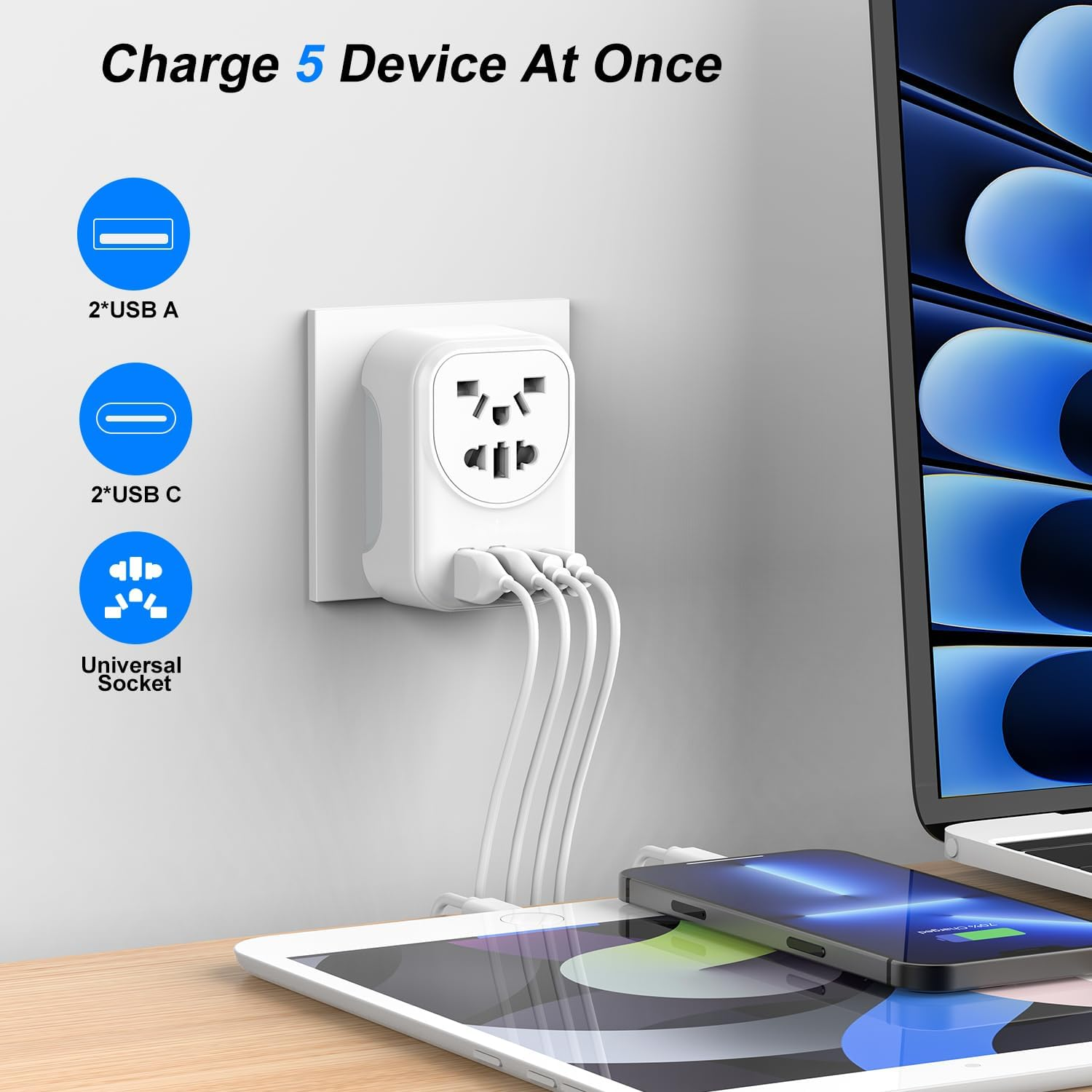 UK/US/JP/CA/EU to AU/NZ Adaptor Plug with Insulated Pins, Universal Plug Convert to 3-Pin Australian/New Zealand/China Socket with 2USB-A and 2USB-C Multi-Port Travel Power Adapter image number 1
