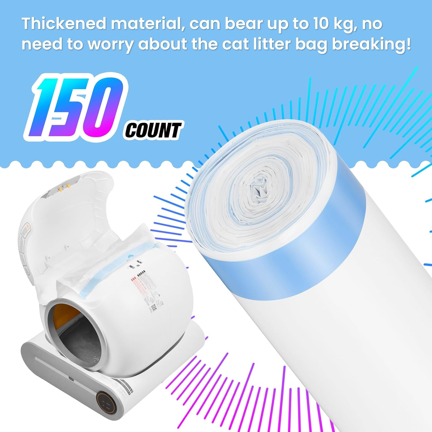 Advwin 150 Count Trash Bags for Automatic Cat Litter Box Self Cleaning, Replacement Extra Large Liners for Robot Box, 10 Rolls Drawstring Waste Bags, 46.5Cm X 45 Cm (10 Rolls/15 Counts) image number 3