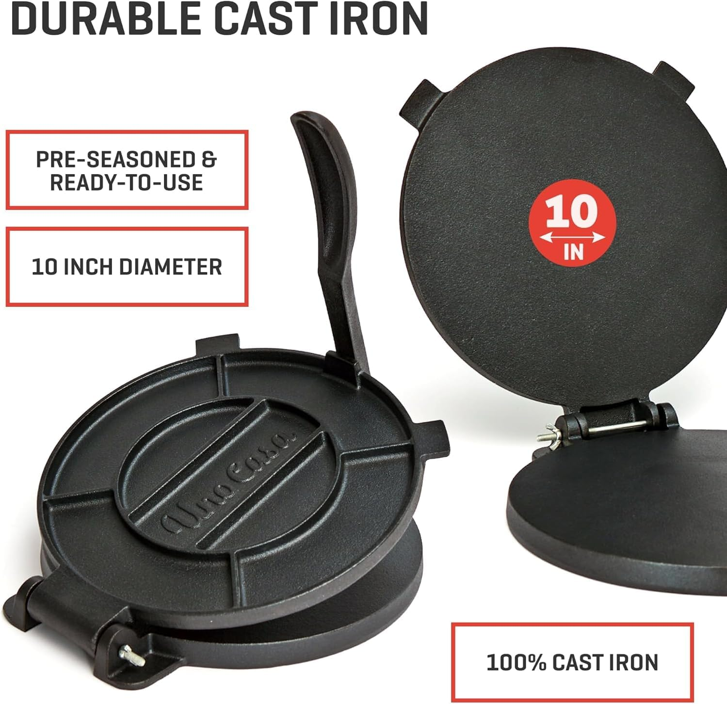 Uno Casa Cast Iron 10 Inch Tortilla Press - Roti and Tortilla Maker - Bonus 100 Pcs Parchment Paper - Pataconera for Flour Tortilla, Roti, Tawa or Dosa image number 4