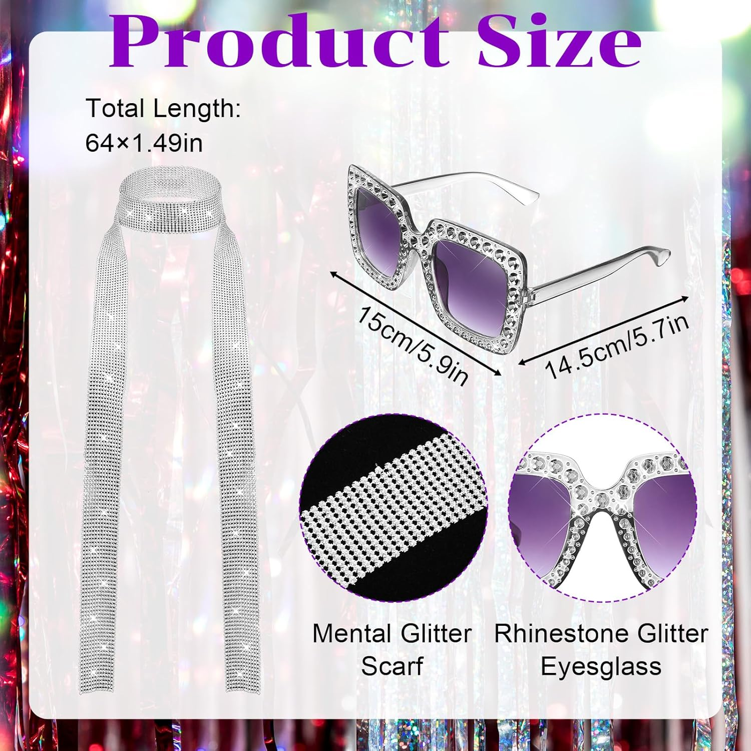 Abeillo Disco Outfit for Women - Silver Sequin Scarf & Glasses Set 70S Disco Outfits Accessories Women image number 5