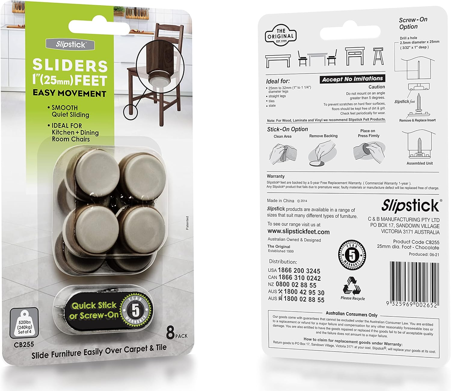 Slipstick CB255 1 Inch Floor Protector Chair Glides/Furniture Slider Feet (Set of 8) Self Stick or Screw on - Chocolate Brown - Caramel image number 4