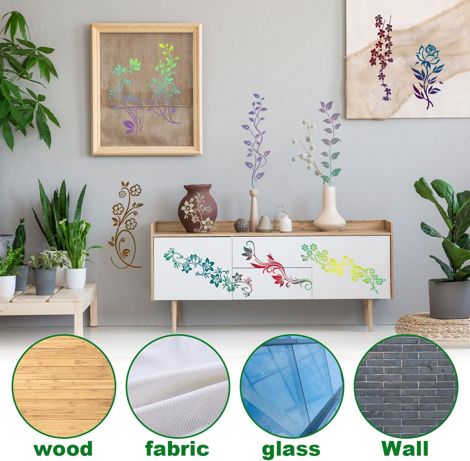 12Pcs Leaf Vine Stencils, Leaves & Flower Stencil Reusable Floral Stencil Spring Drawing Templates for Painting on Walls DIY Craft Canvas Home Decor Wall Art image number 5