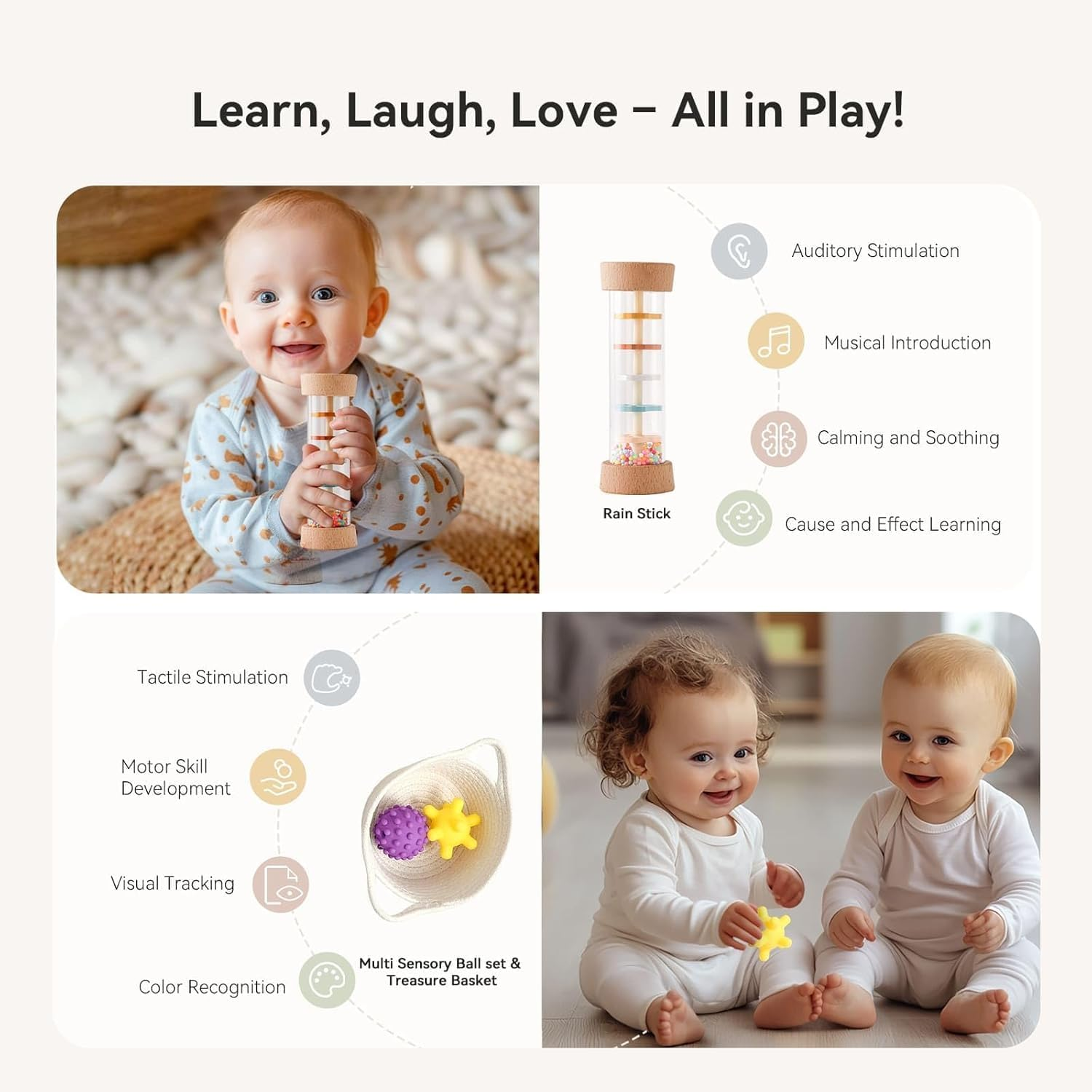 EERKEOD Montessori Toys for Babies 6-9 Months 7 in 1 Wooden Sensory Baby Toy Set with Multi Sensory Ball,Object Performance Box, Stacking & Nesting Rings - Newborn Baby Boy Girl Gift