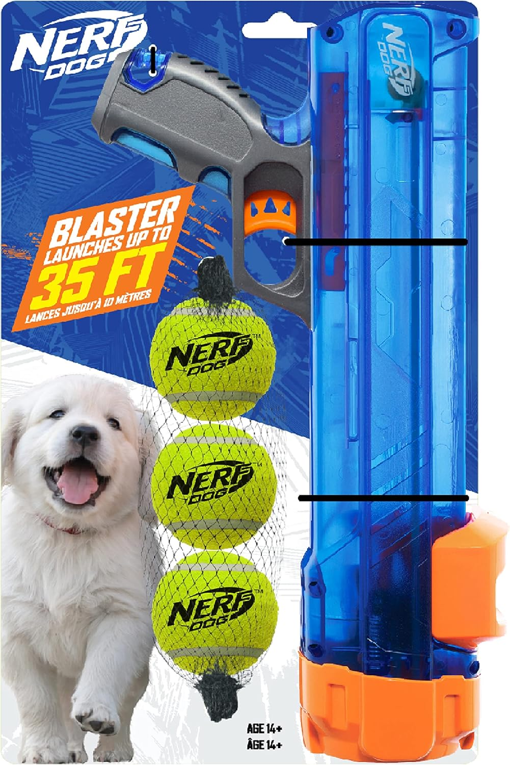 Nerf Dog Tennis Ball Blaster Dog Toy, 12 in Translucent Blaster with 3 Balls image number 3