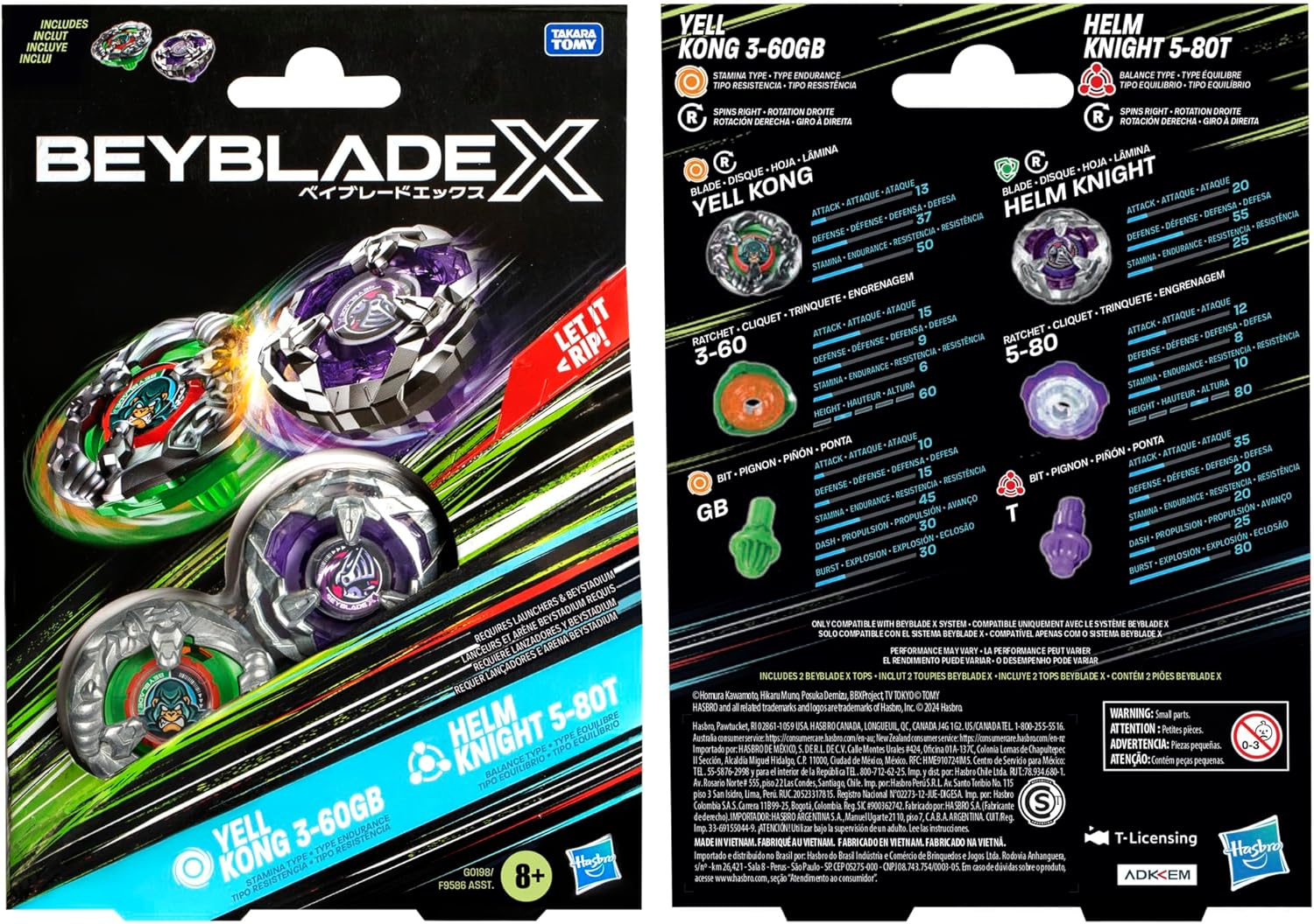 BEYBLADE X Yell Kong 3-60GB and Helm Knight 5-80T Dual Pack Set with 2 Right-Spinning Tops; Battling Top Toys for 8 Year Old Boys and Girls