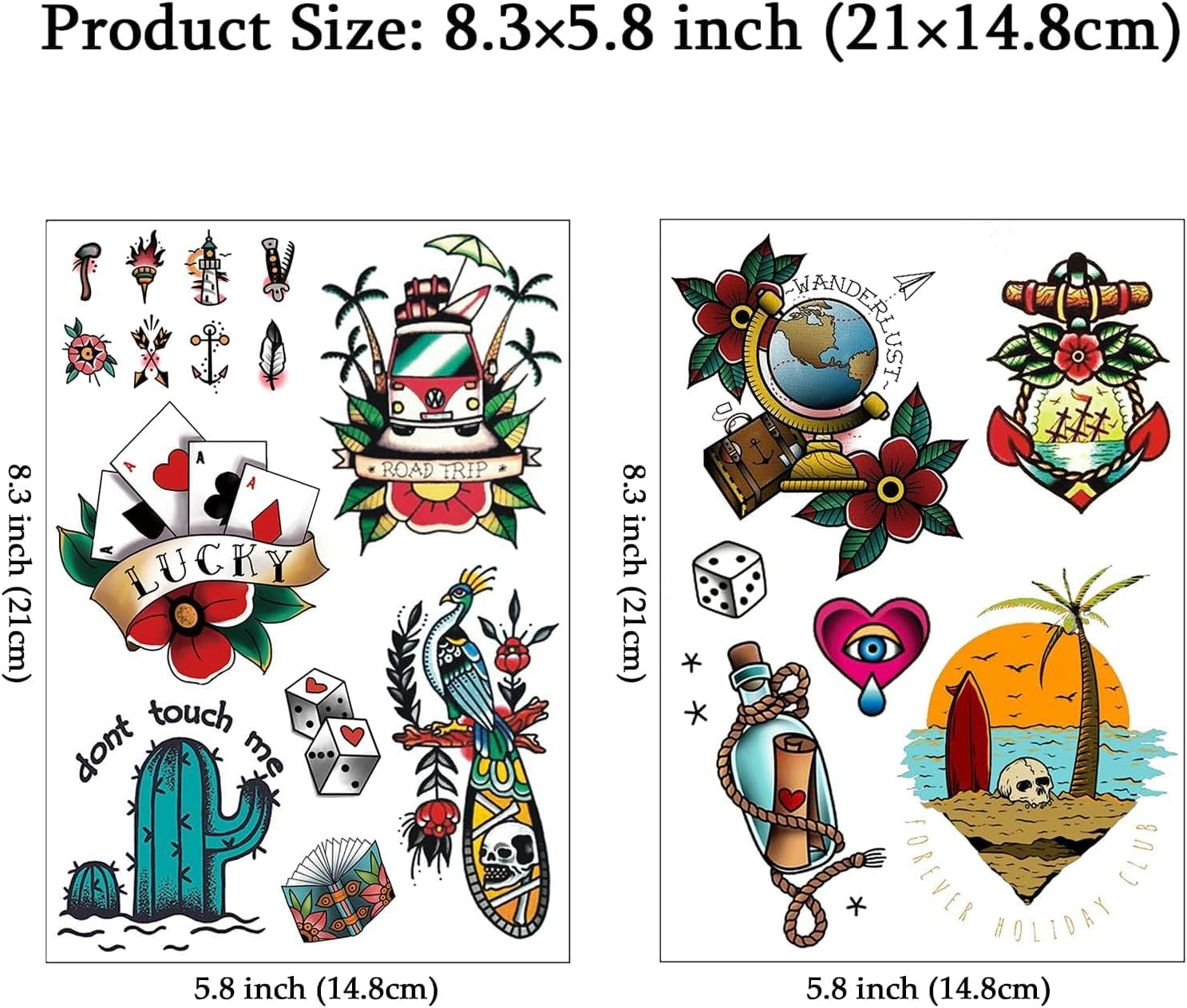 CARGEN Traditional Temporary Tattoos - Old School Vintage Classic Cool Stickers Sailor Jerry Style Flower Globe Beach Coconut Tree Skull Poker Drifting Bottle Dice Torch Temporary Tattoo Fake Tattoo image number 3