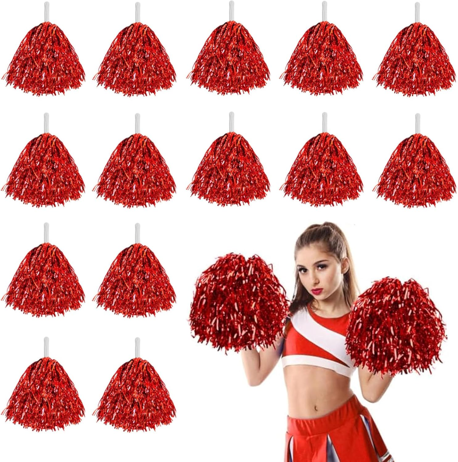 14 Pcs Cheerleader Cheerleading Pom Poms Metallic Foil Pompoms for Sports Meet Team Spirit Cheering Party Dance Supplies Straight Hole, Red image number 2
