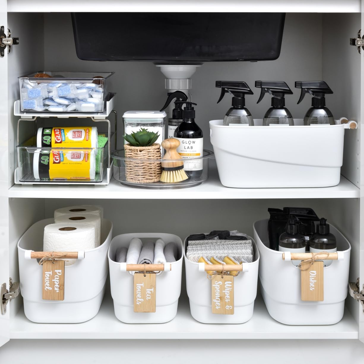 Under Sink Storage Set &ndash; 2 Tier Drawer with Adjustable Dividers, 25Cm Lazy Susan, White Storage Tubs with Wooden Handles &ndash; Space-Saving Organiser for Kitchen, Bathroom & Laundry image number 3