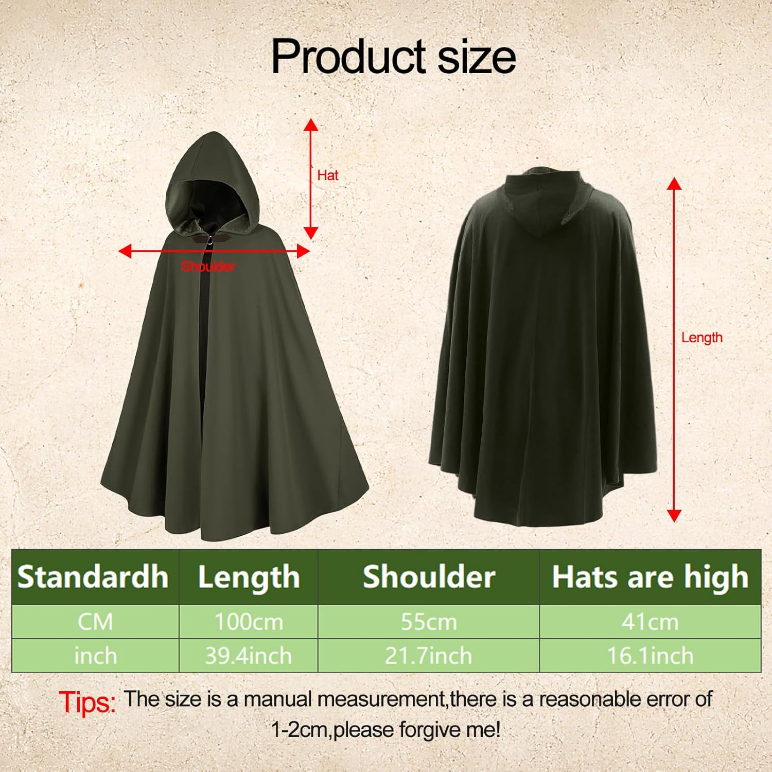Medieval Hooded Cloak, Renaissance Cape with Hood Adult Men Women, Vintage Capelet Halloween Cloak Costume image number 2