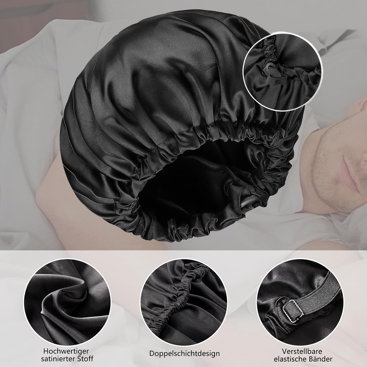 VZU Satin Bonnet Sleep Cap for Men, Breathable Adjustable Silk Night Hat with Elastic Band - Protects against Frizz and Hair Damage, Silk Sleep Cap for Men (Black) image number 2