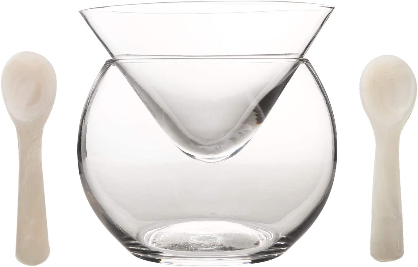 DUEBEL Glass Caviar Chiller Server Set plus 2 Pcs. X Mother of Pearl Caviar Spoon 3.15" &ndash; Universal Martini, Wine, Liquor Cocktail Chiller image number 4