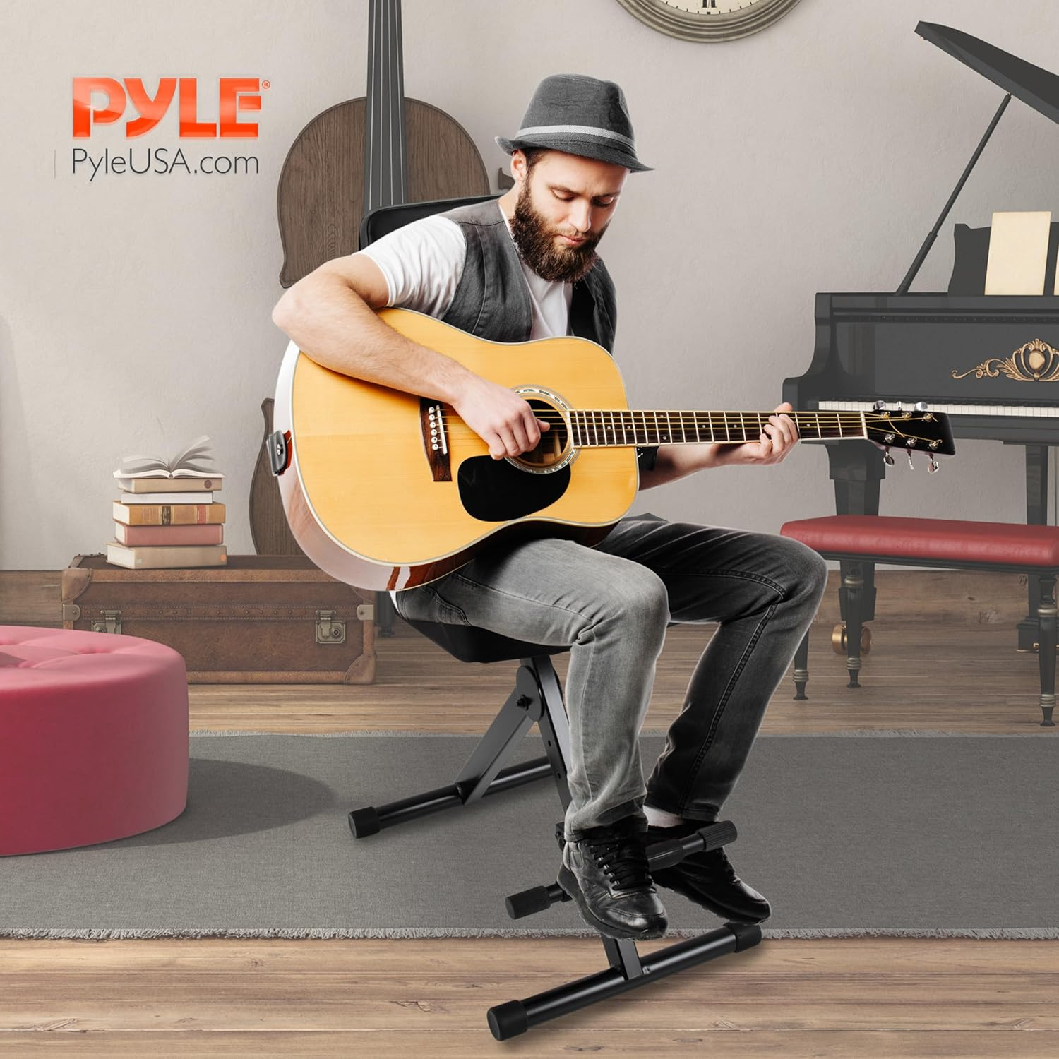 Portable Adjustable Musician Performer Stool - Folding Musicians Performance Chair, Drum Guitarist Keyboard Throne W/ Adjustable Padded Cushion Seat and Back, Foot Rest - Pyle PKST70 image number 4