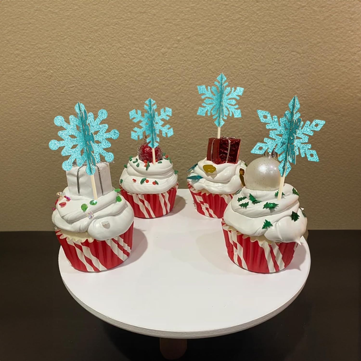 Gyufise 24Pcs 3D Snowflake Cupcake Toppers Double Side Glitter Winter Frozen Cupcake Pick Decorations Winter Theme Party Christmas Baby Shower Birthday Decoration Supplies Blue image number 4