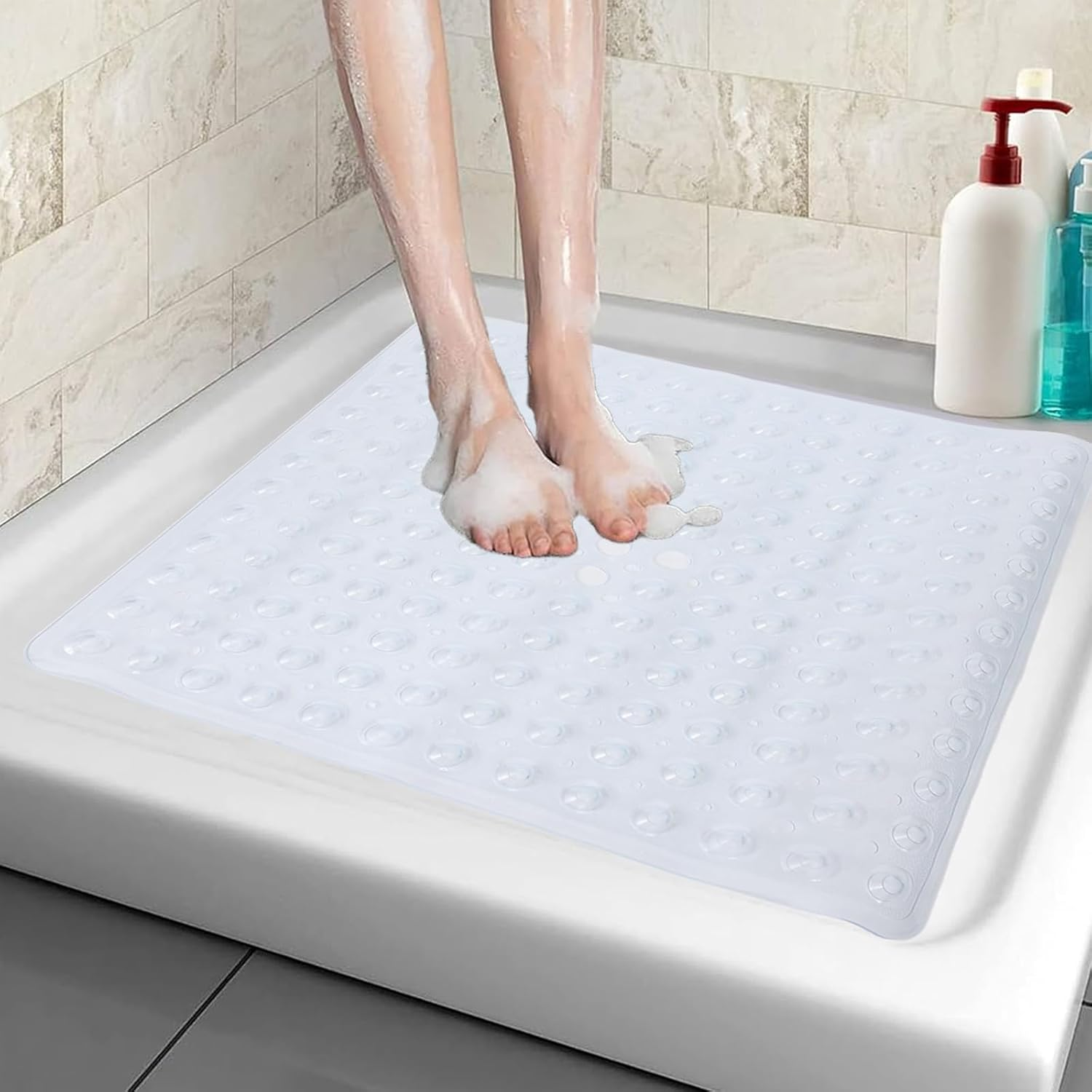 Square Shower Mat Non Slip anti Mould - 53 X 53Cm/21 X 21Inch anti Slip Shower Mat with Suction Cup, Antibacterial Rubber Bathtub Mat with Drain Holes, Machine Washable (Grey)