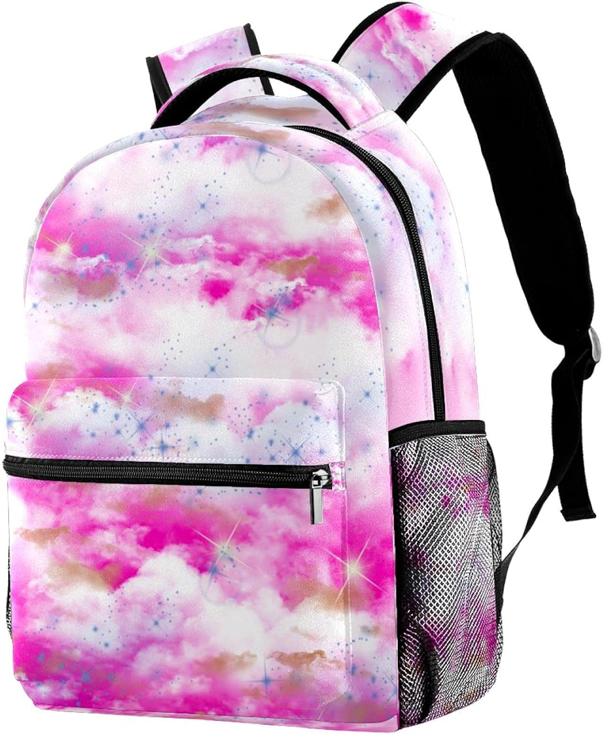 Illustration Pink Sky Twirls White-Blue Clouds Space Design Stars Psychedelic Backpack Students Shoulder Bags Travel Bag College School Tote Backpacks image number 1