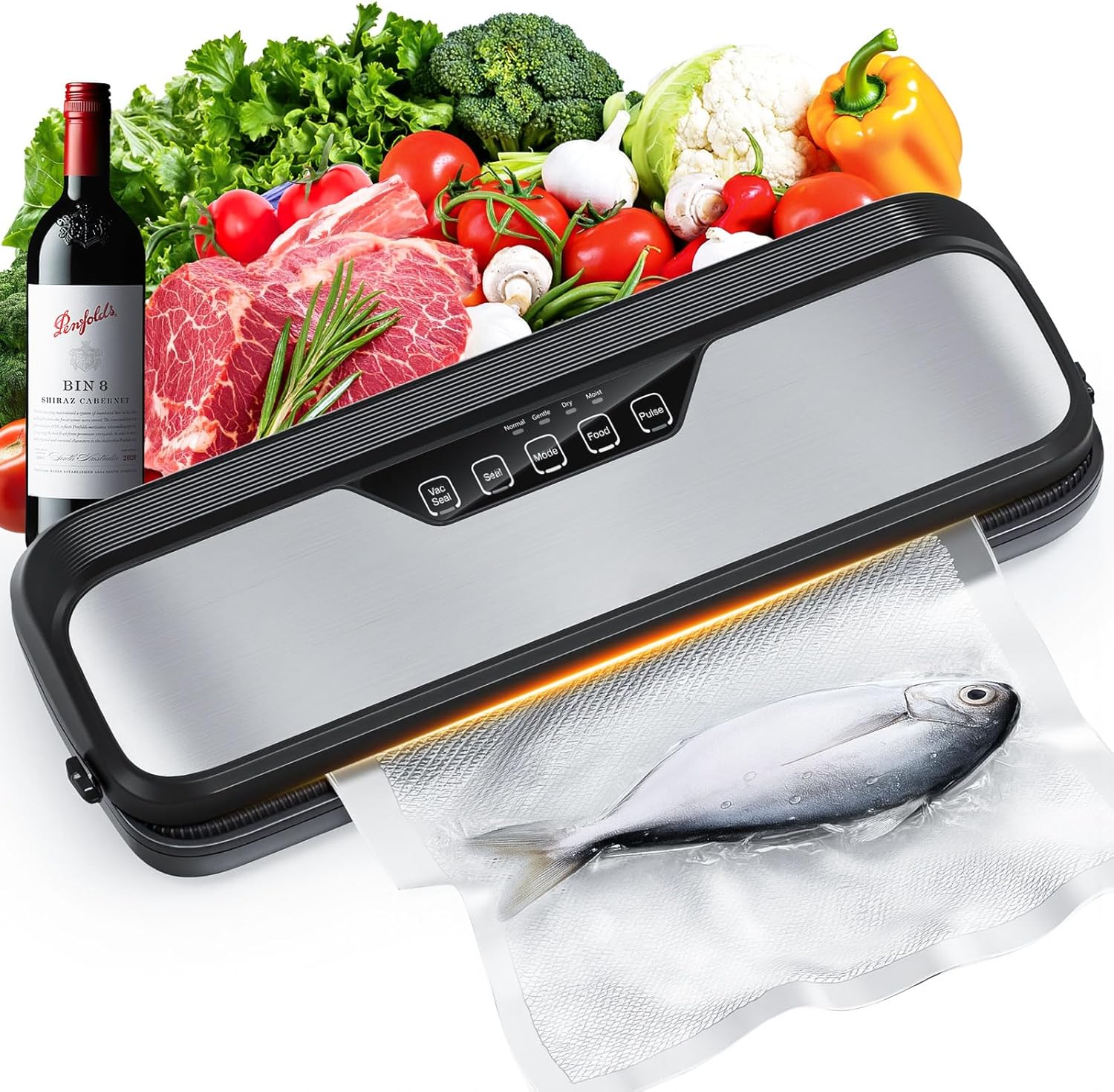 Billord Vacuum Sealer Machine - Automatic Food Vacuum Sealing Machine Stainless Steel for Food Preservation, Dry Moist Sealing Modes, Built-In Cutter Starter Kit, One Touch, Led Indicator Lights image number 4