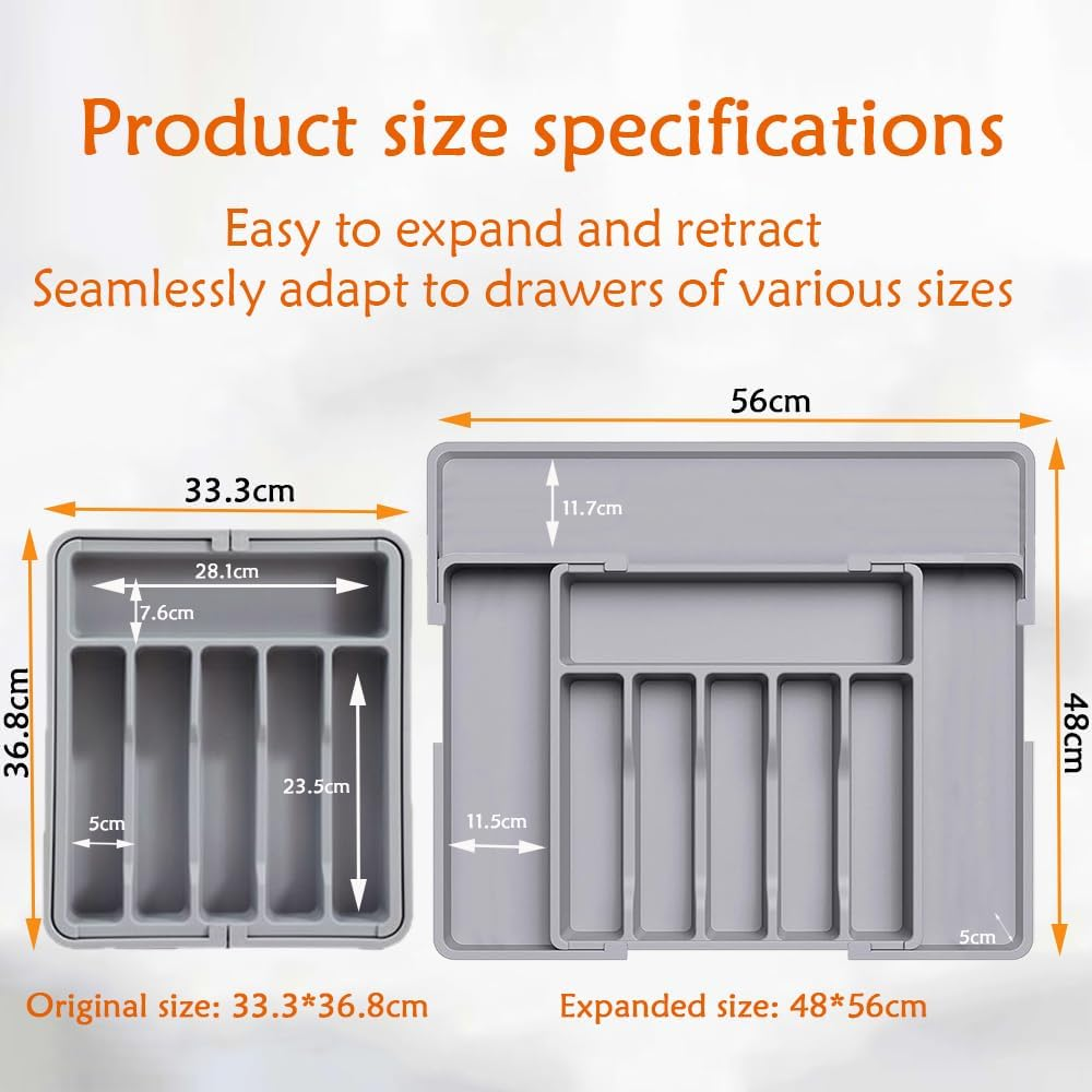 Wnddle Expandable Cutlery Tray for Drawers, Drawer Organiser, Cutlery Tray for Drawers, Adjustable Drawer Insert, Cutlery Tray, Kitchen Organiser, for Spoons/Forks (Grey) - Black 2 image number 3