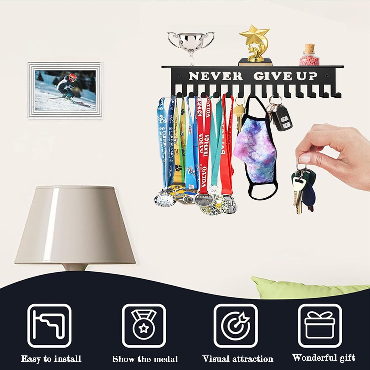Medal Hanger Display,Trophy Shelf with 15 Hooks,Medal Holder Never Give Up,Upgraded Medal Display for Gymanstics,Race,Soccer,Swim image number 4