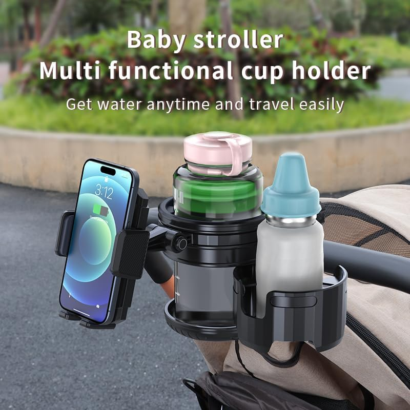 3-In-1 Stroller Cup Phone Holder Attachment, Universal Cup Holder with Adjustable Phone Mount, Double Cup Holder for Walker, Wheelchair, Fits Most Donna, Uppababy, Bugaboo, Anti-Slip & Easy Install image number 2