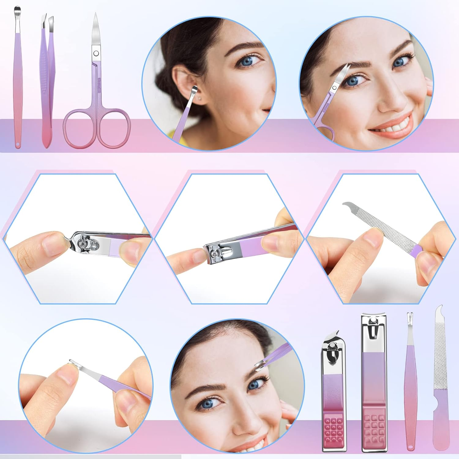 Aceoce Women Nail Clippers Professional Manicure Pedicure Kit Stainless Steel Nail Cutters Grooming Kit Personal Care Tools with Travel Case Gradual Purple image number 3