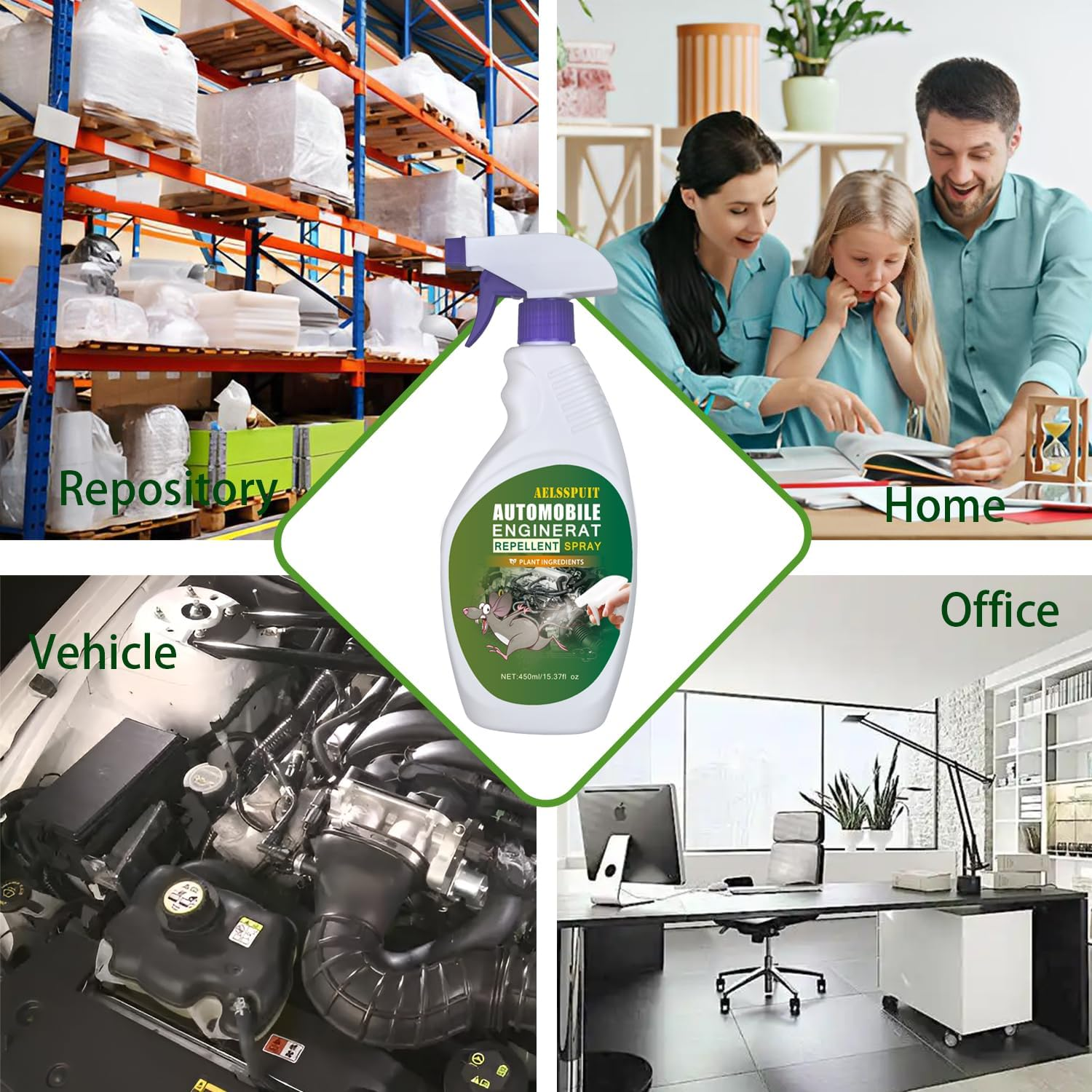 AELSSPUIT Plant-Based Automobile Engine Safe Mouse Repellent&ndash; Long-Lasting, Eco-Friendly Rodent Deterrent for Cars, Protects against Wire & Hose Damage, Easy Application for Safe & Effective 450Ml image number 1