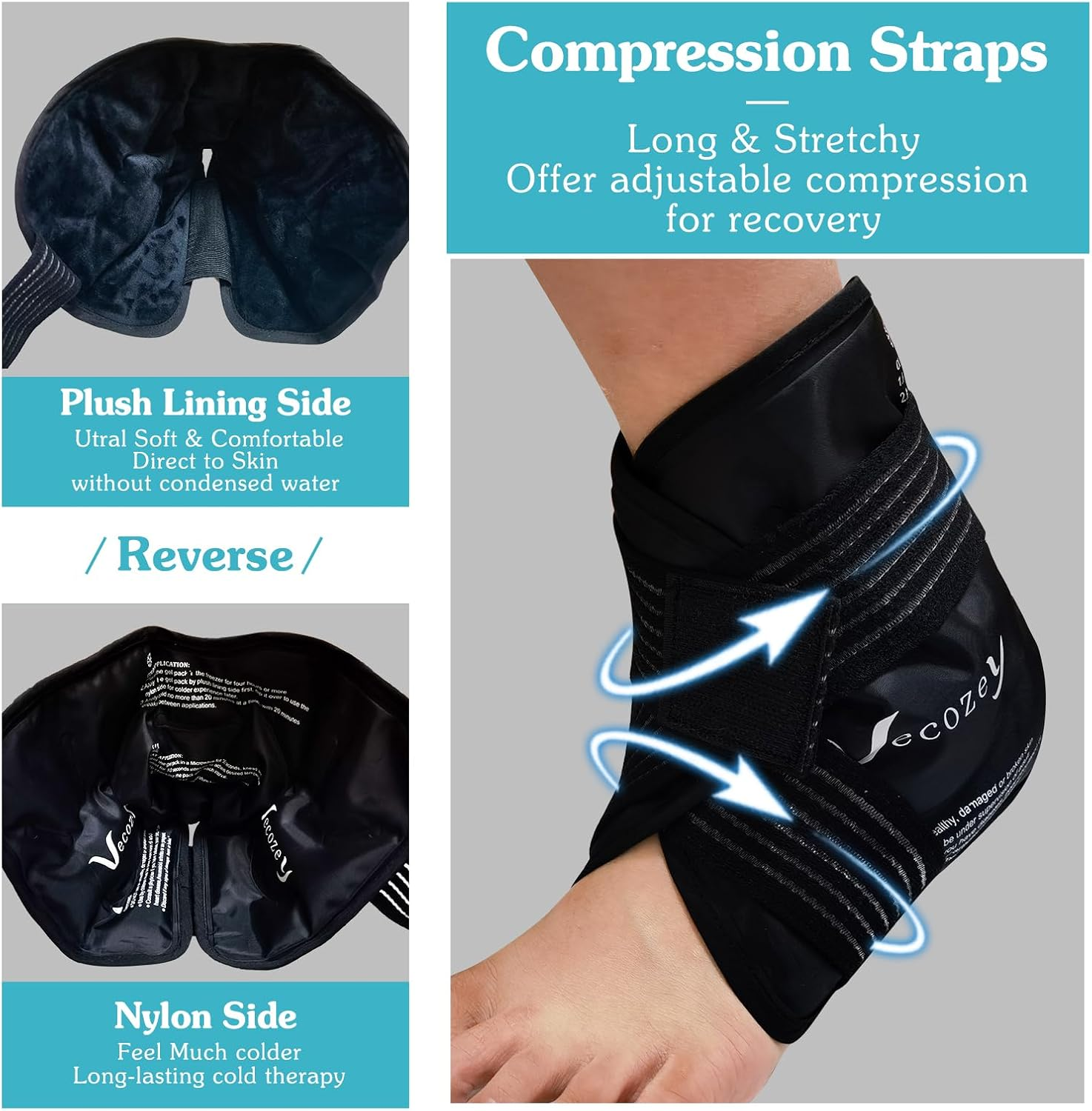 Vecozey Reusable Gel Ice Packs for Ankles and Heels Injuries, 2Pcs Ankle Ice Pack Wrap for Swelling, Plantar Fasciitis, Foot Pain Relief, Hot Cold Compression for Achilles Tendonitis, Sprain Ankles image number 1