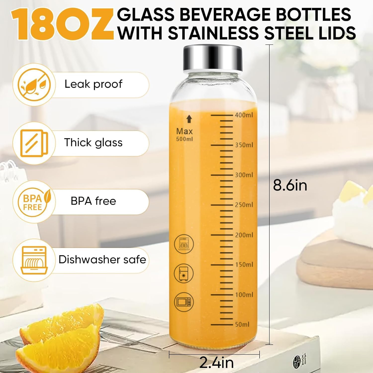 Clear Glass Bottles Set of 6, 18Oz/530Ml Reusable Glass Water Bottle with Stainless Steel Cap for Juicing, Refrigerator, 100% Leak Proof, Glass Juice Bottle for Fruit Juice, Tea, Water image number 6