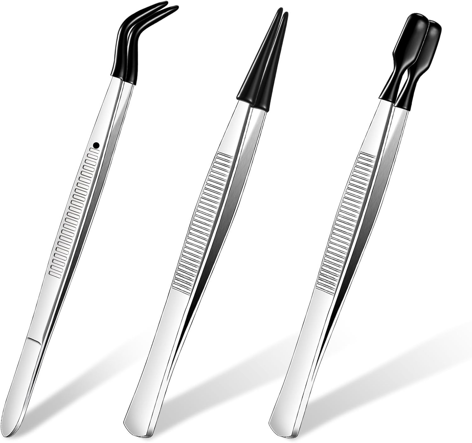 Honoson 3 Pieces Tweezers with Rubber Tips PVC Coated Set Rubber Straight Flat Tip Long Bent Tweezers for Crafts Stamps Beads Jewelry Tools(Blue)