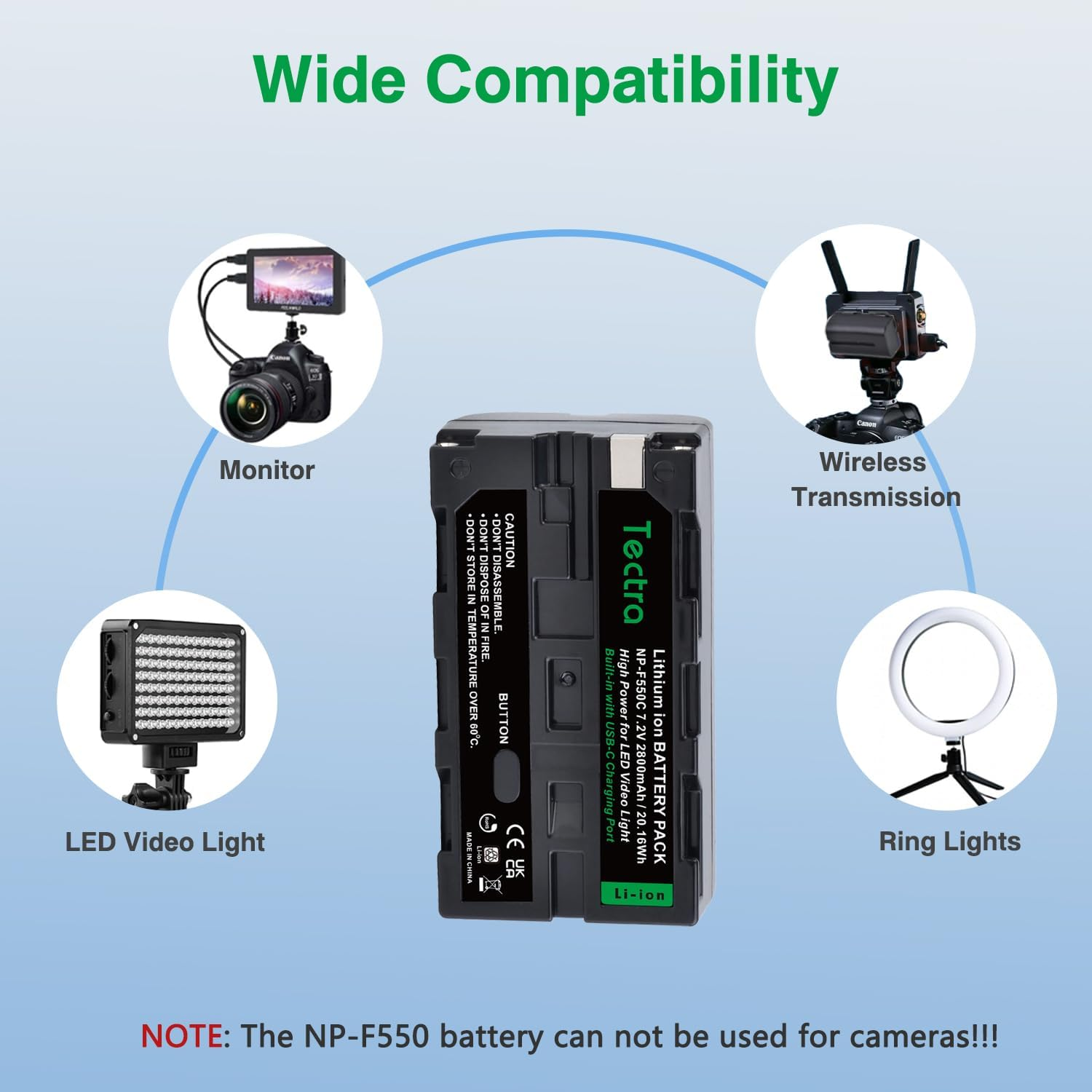 Tectra 2-Pack NP-F550 NP-F570 Battery with USB-C Port for Sony NP F970, F750, F770, F960, F530, F330, F570 and Compatible with LED Video Light, Monitor, Ring Light (Not for Camera) image number 5