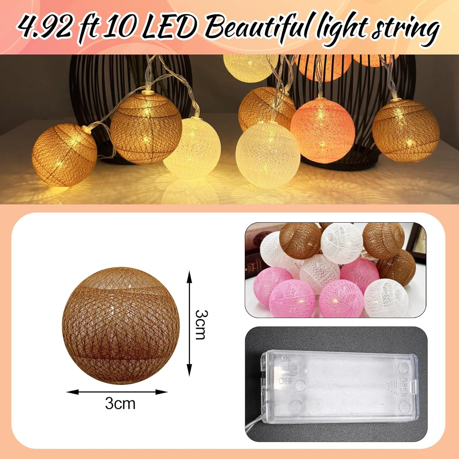 LED Fairy Lights Cotton Balls, 1.5 M 10 LED Fairy Lights, Indoor Balls, 3 Cm Fairy Lights for Children'S Room, Cotton Balls Fairy Lights for Children'S Room, Wedding, Christmas, Party Decoration image number 6